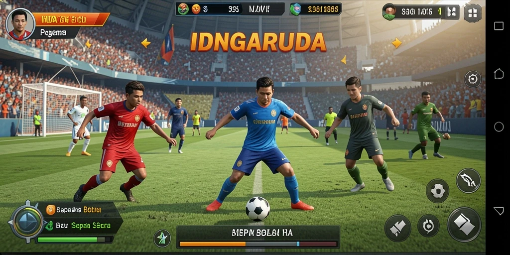 Tampilan gameplay <strong>IDNGARUDA</strong> dengan aksi sepak bola yang seru.