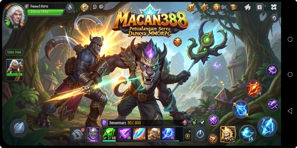 Screenshot menunjukkan aksi pertarungan seru dalam <strong>MACAN388</strong> dengan karakter yang penuh warna.