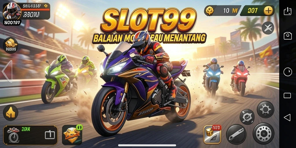 Screenshot gameplay SLOT99 yang menunjukkan aksi balapan motor yang mendebarkan.