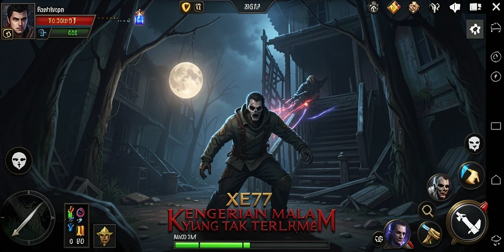 Tampilan gameplay yang menegangkan dari XE77 dengan suasana horor yang mencekam.